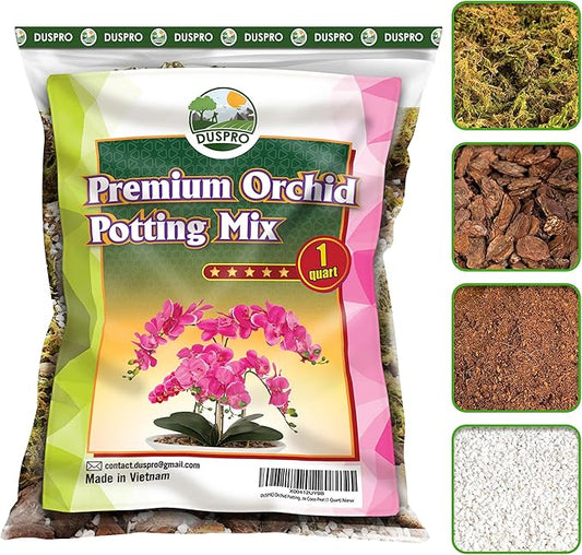 DUSPRO Orchid Potting Mix for Repotting with Moss Pine Bark Mulch Perlite Stone & Coco Peat Natural Ingredients, Orchid Bark Potting Mix, Orchid Repotting Kit Drainage Indoor Potting Medium Great 1QT