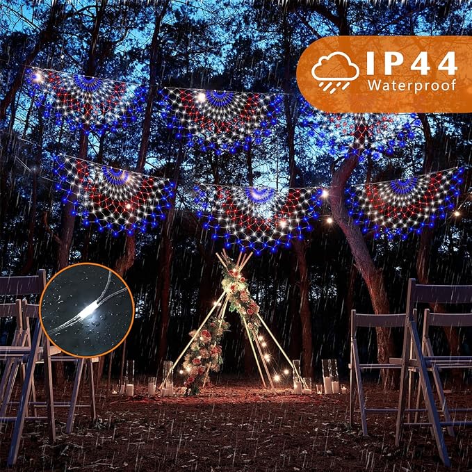 Leisure World LED American Flag Banner, 3 Pack 150 LED Half Fan Lights, 4 x 2 ft, 8 Modes Patriotic Outdoor Net for 4th of July, Christmas