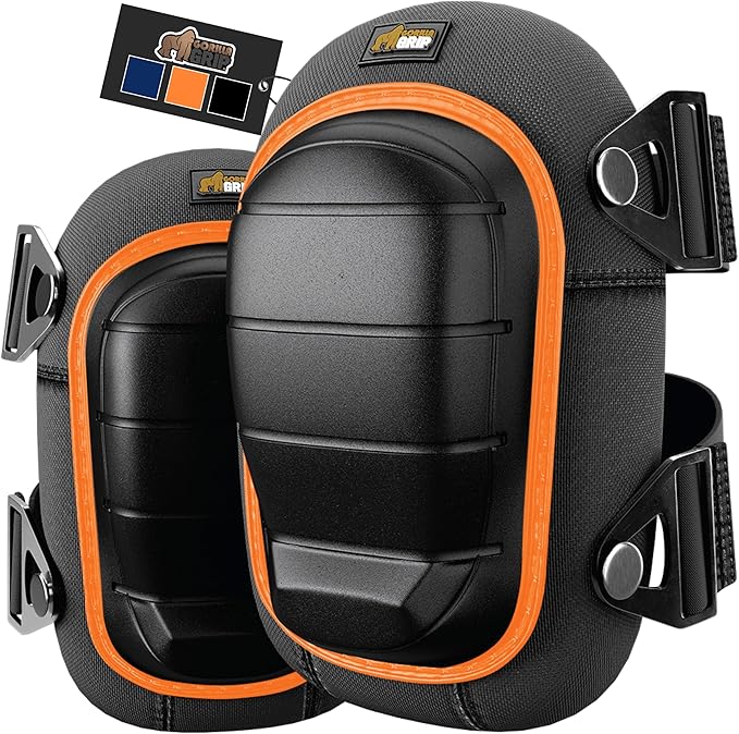 Gorilla Grip Adjustable Safety Knee Pad Set, Heavy Duty Durable Kneeling Pads for Work, Anti Slip Fasteners, Comfortable Gel Padding, Supportive Pads During Construction, Gardening Tool, Orange