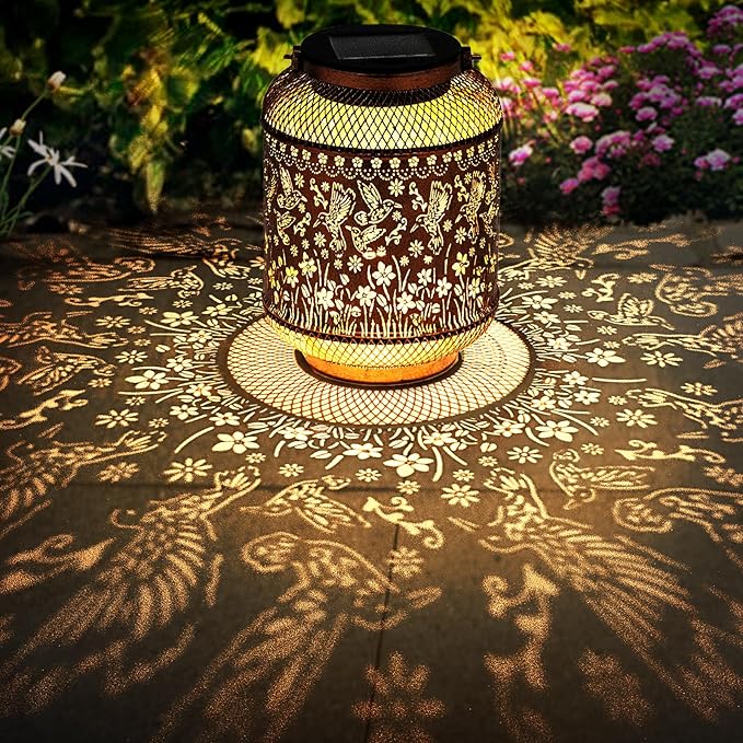 Solar Lanterns Outdoor Hummingbird Garden Decor, Metal Decor Lanterns Gardening Gifts for Women Mom Grandma, Waterproof Hanging Solar Lights for Outside, Patio, Yard, Porch, Backyard