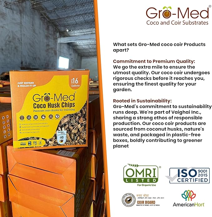 Gro-Med Coco Husk Chips Brick 6-Pack Expands Upto 42 Quarts Coconut Coir Chip 6.6lb, Perfect for Plants, Gardening, Potting Soil Mix, Orchid Bark Alternative - OMRI Certified, Low EC, Balanced pH