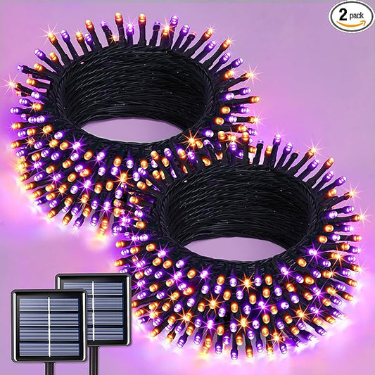 JMEXSUSS Orange and Purple Solar Halloween Lights, 2 Pack Total 400 LED Solar String Lights Outdoor Waterproof, 8 Modes Halloween Lights for Outside Halloween Tree Decorations