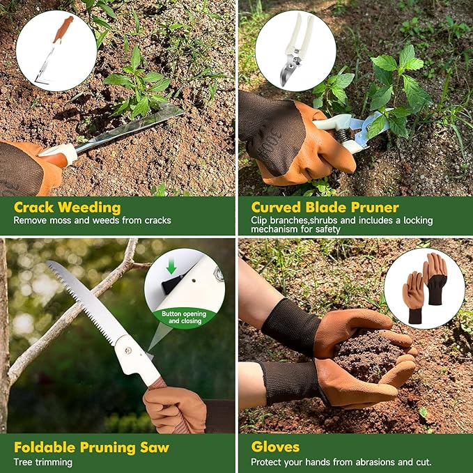 Garden Tool Set,10 Pcs Heavy Duty Gardening Hand Tool Kit for Women Aluminum with Non Slip Ergonomic Handle, Storage Tote Bag and Gardening Gloves, Ideal Gifts for Women and Men