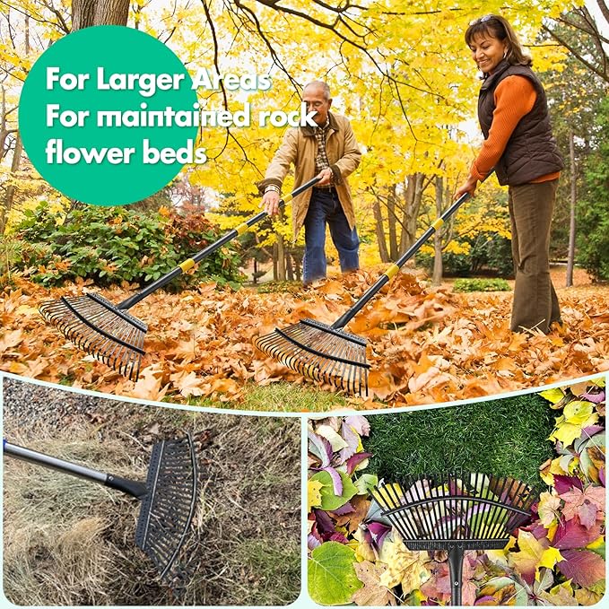 Rake - 79 Inch Long Garden Leaf Rake, 18 Inch Wide Heavy Duty Leaf Rake for Shrub with 25 Metal Tines,Yard Rake with Ergonomics Adjustable Handle for Picking up Leaves, Grass Clippings, Garbage