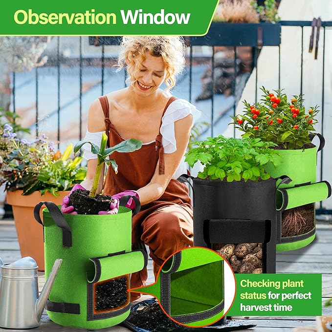 6 Pack Potato Grow Bags 15 Gallon with Flap, Grow Bags for Growing Potatoes, Duarable Fabric Garden Planter Pots with Harvest Window for Vegetable and Fruits, Black & Green