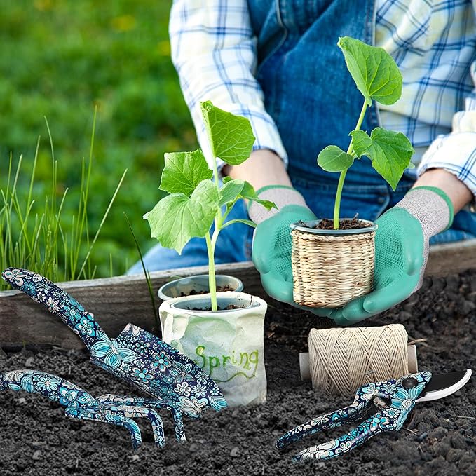WORKPRO Aluminum Garden Tool Set, 4PCS Heavy Duty Hand Garden Tools with Box Include Trowel, Rake, Pruner, Garden Gloves, Blue Floral, Garden Gifts
