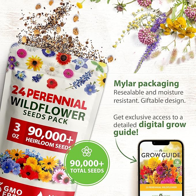 HOME GROWN 90,000+ Wildflower Seeds - Bulk Perennial Wild Flower Seeds Mix - 3oz Flower Garden Seeds for Attracting Bees, Birds & Butterflies - 24 Variety Plant Seeds for Outdoor Garden