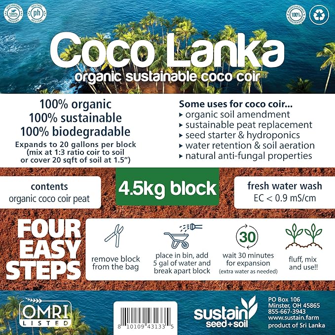Organic Coco Coir by Coco Lanka - 10lb/4.5KG Compressed Coco Coir Block with Low EC and pH Balance - High Expansion for Flowers, Herbs, and Planting - Renewable Coconut Soil
