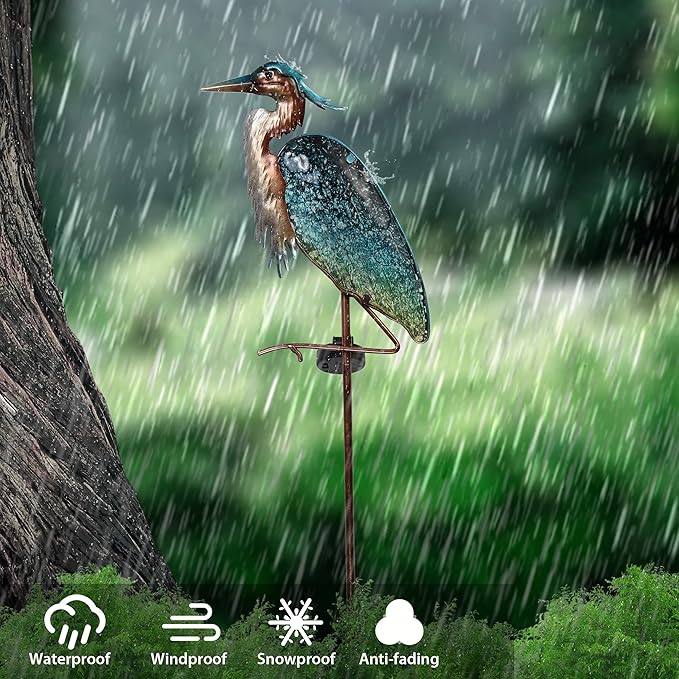 TERESA'S COLLECTIONS Blue Heron Garden Decor for Outside Solar Lights, 39" Glass Lawn Ornaments with Outdoor Lights Decorative Stake, Yard Art Decorations Outdoor for Patio Gifts for Mom Grandma