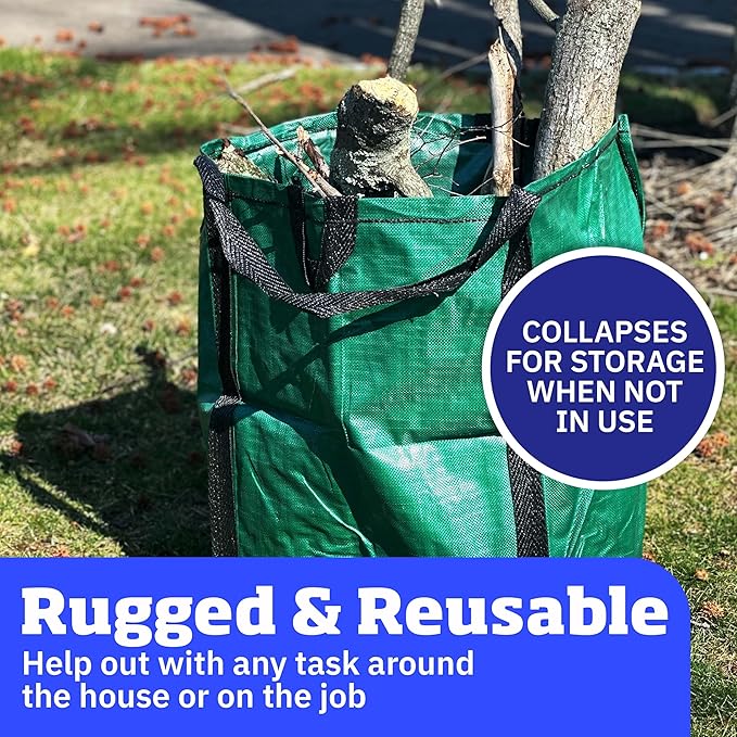 DURASACK Heavy Duty Home and Yard Waste Bag 48-Gallon Woven Polypropylene, Reusable Lawn and Leaf Garden Bag with Reinforced Carry Handles, Pop-Up Self-Standing Garbage Can, Green, Pack of 3