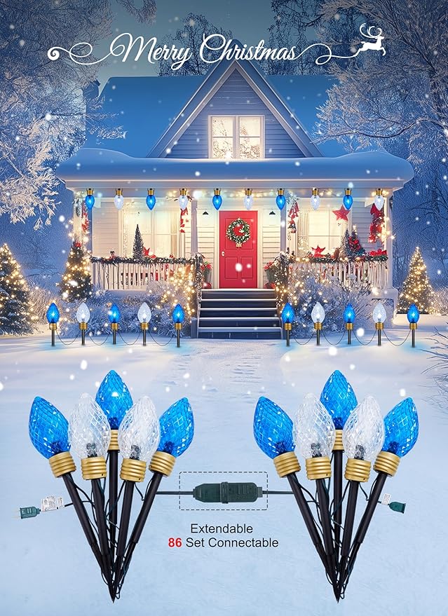 Moonflor Strawberry Jumbo C9 Christmas Pathway Lights Outdoor - 2Pack Total 17FT 10 LED C9 Walkway Light, Christmas Decoration Outside,Christmas Lights Outdoor for Lawn Yard Holiday, Blue & Pure White