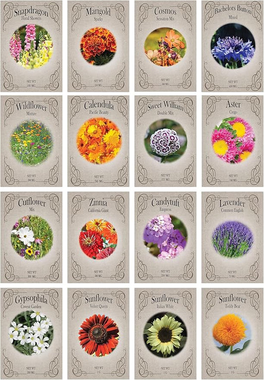 Set of 16 Heirloom Flower Seeds - Non-GMO - 16 Varieties - Assorted Flower Seeds - Individually Sealed Packs