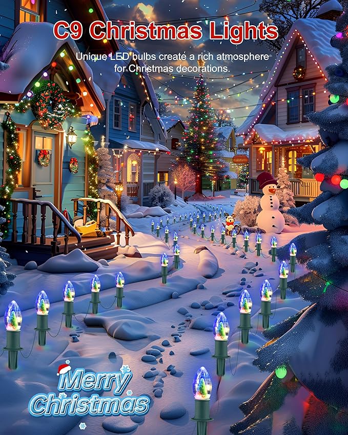 VCOKEN Christmas Pathway Lights Outdoor, 24.5FT Connectable C9 Christmas Lights with 20 LED and Stakes, Multicolored Waterproof C9 Christmas Walkway Lights Outdoor Decorations for Lawn Yard Sidewalk