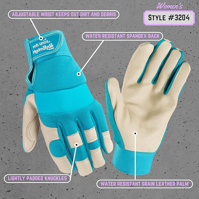 Wells Lamont Women's Hybrid Work/Gardening Gloves | Water-Resistant HydraHyde Leather | Small (3204S), Aqua