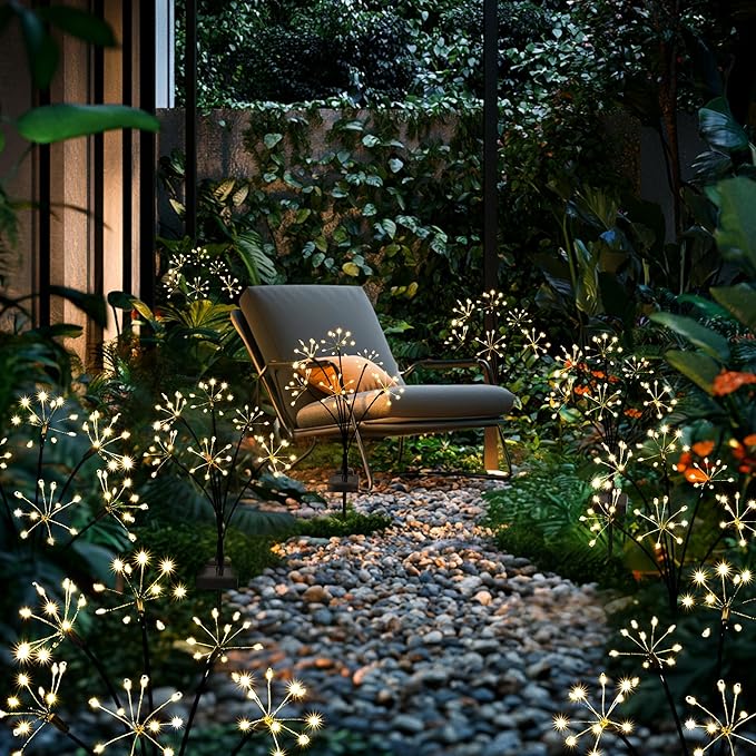 Solar Garden Decor Lights Outdoor, Solar Powered Lights Waterproof for Yard Patio Porch Flowerbed, Fairy Gardening Supplies Gifts Firwork(4 Pack Warm White)