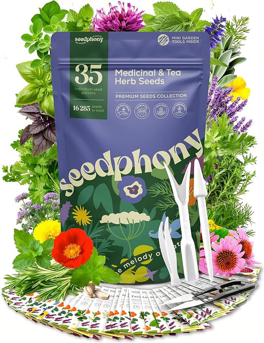 35 Medicinal & Tea Herb Seeds Variety Pack - 16,285+ Non-GMO Heirloom Herbs Seeds for Planting Indoor & Outdoor: Lavender, Rosemary, Echinacea, Mint, Catnip, Basil - Gardening Seed Packets