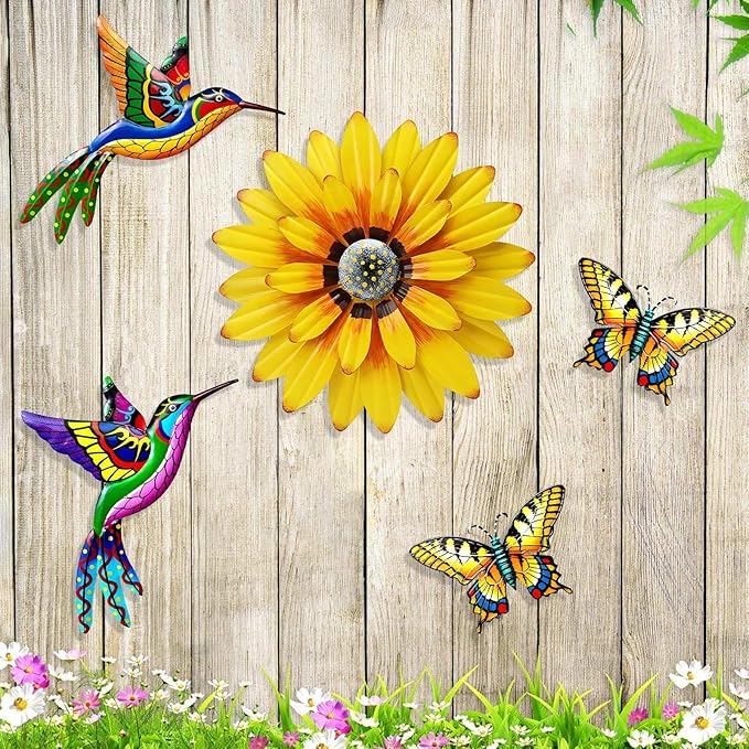 Metal Outdoor Wall Art Decor, 5 Pack Metal Flower Wall Decor and Bird Butterfly Wall Decor, Metal Garden Decor Outdoor Decorations for Yard Art