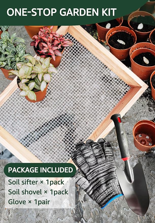 Soil Sifter with Shovle and Glove, Multi-Purpose Wood Compost Dirt Sifter for Gardening, Soil Screen Dirt Cedar Garden Rock Sifter for Compost Sifting Soil, Dirt, Peat Moss and Potting Soil