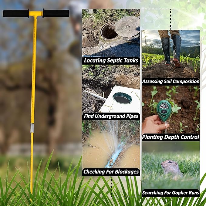 FEBTECH - Septic Tank Probe - Insulated Metal Soil Probe Rod - 60-Inch Long Overall, 3/8" Septic Tank Finder Probing Rod,T-Handle Septic Tank Locator Tool for Gardening, Agriculture, Septic Systems