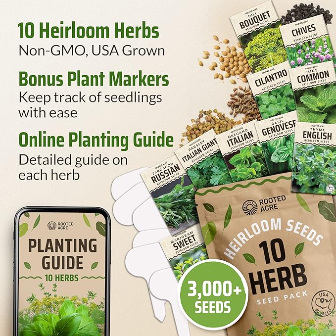 Rooted Acre Culinary Herb Seed Vault - Herbs Seeds for Planting Indoor or Outdoor Garden - Heirloom, Non GMO | Hydroponic Herb Garden Seeds with High Germination