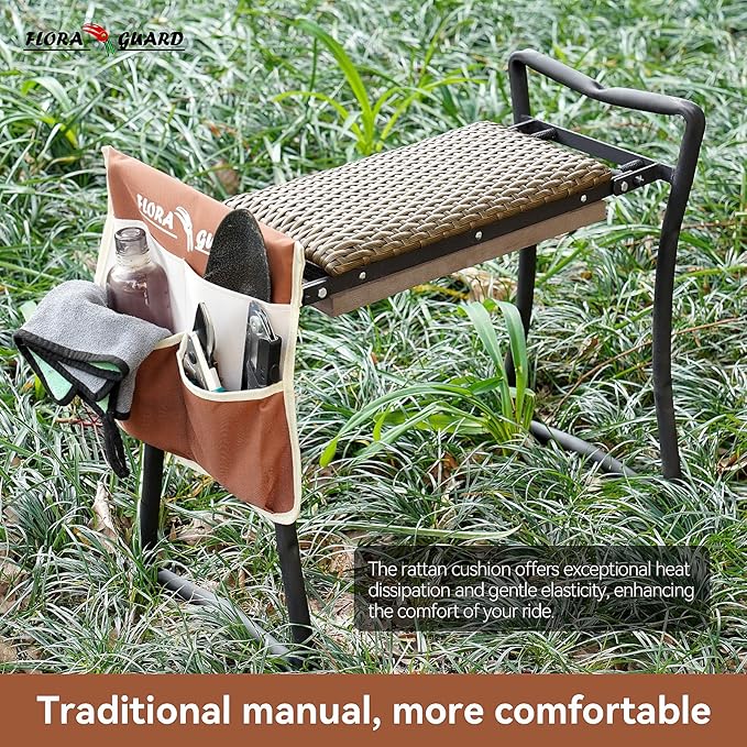 FLORA GUARD Garden Kneeler and seat, Folding seat with Tool Bag, Rattan Cushion, Heavy Duty Carbon Steel Construction, Perfect Gardening Gift for Seniors and Women