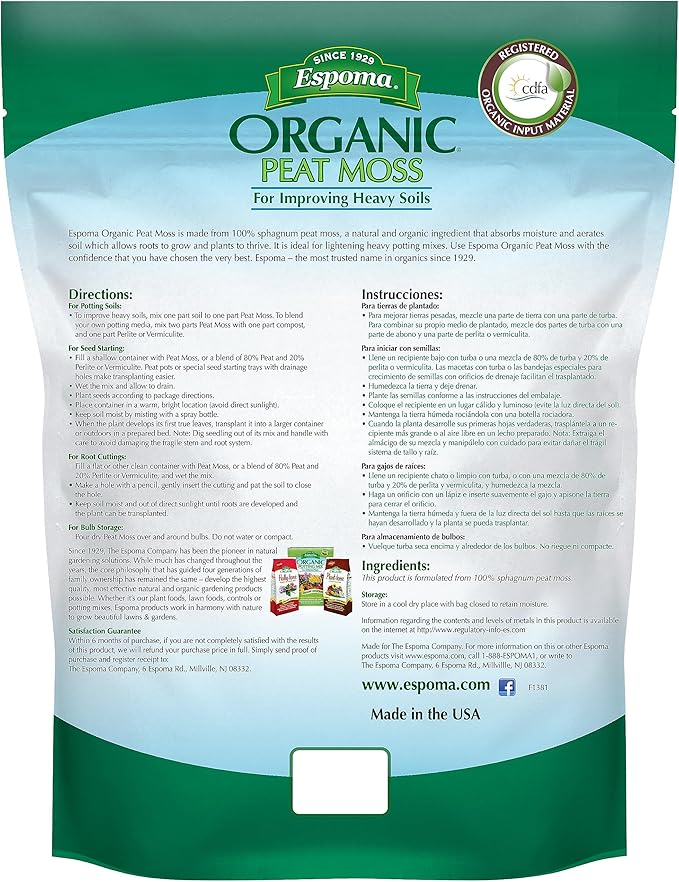 Espoma Organic Peat Moss; All-Natural Horticultural Grade Sphagnum Peat Moss Approved for Organic Gardening. Helps Improve Aeration & Moisture Retention. Promotes Root Growth – Pack of Two