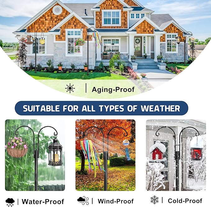 Ottsuls Bird Feeder Pole, 2 Pack 92 INCH Double Shepherds Hooks for Outdoor, Garden Pole with 5 Base Prongs Heavy Duty Planter Hooks for Hanging Plant Baskets, Lantern, Hummingbird Feeder