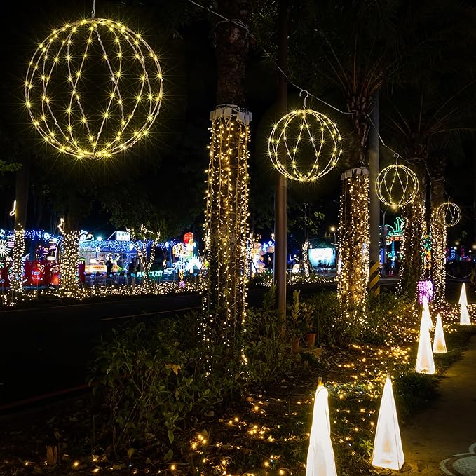 LIGHTSHARE 248LED 12IN+16IN+20IN Light Ball Yard Decoration Pathway Lights White Sphere Light Fold Flat Metal Frame Indoor Outdoor Waterproof Garden Lights, Plug in(Set of 3)