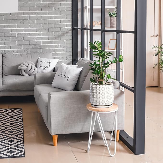 D'vine Dev 8 Inch 6 Inch Ceramic Indoor Planter Pots with Drainage Hole and Saucer, Beaded Design Flower Pots, Set of 2, Smoked White, 27-D-P-1