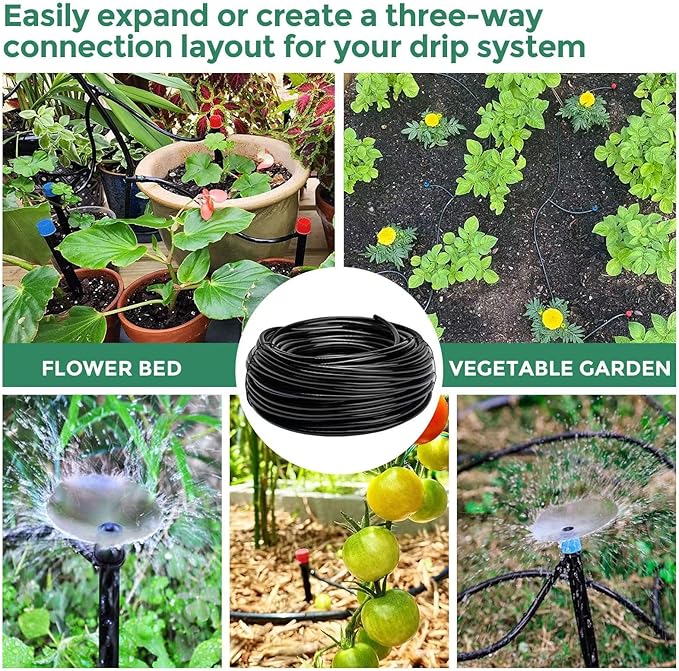 100FT 1/4 inch Drip Irrigation Tubing Distribution Hose Tube for Garden Irrigation System (Includes 1 pack 6-Way Connector and 20pcs 1/4" Tee Splitters and End Plugs)