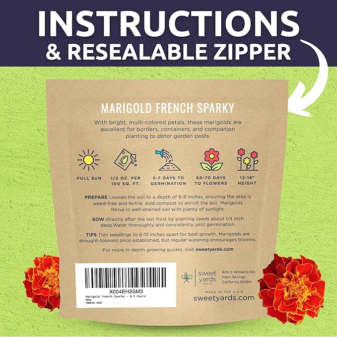 Marigold French Sparky - Large 1/2 Ounce Packet - 4,000 Flower Seeds for Planting - Tagetes patula