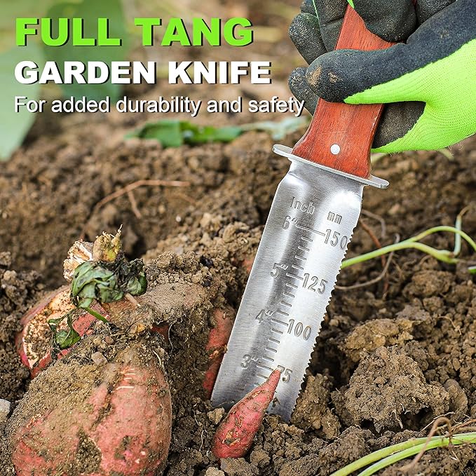 Topline Hori Hori Garden Knife, Double-edge Stainless Steel Blade, Garden Knife with Leather Sheath for Digging, Weeding, Planting, Hori Hori Knife with Sharpener, Sharpening Stone Included