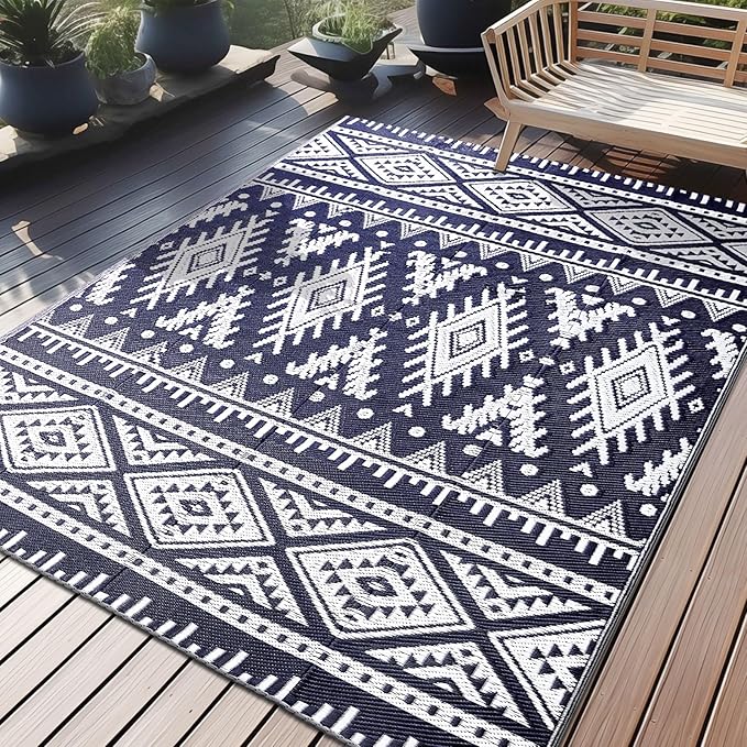 OLANLY Outdoor Rug Waterproof 5x8 ft, Reversible Outdoor Plastic Straw Rug, Boho Patio Rug, Indoor Outdoor Carpet, RV Mat Outside for Patio, Camp, Picnic, Balcony, Deck, Backyard, Navy & White