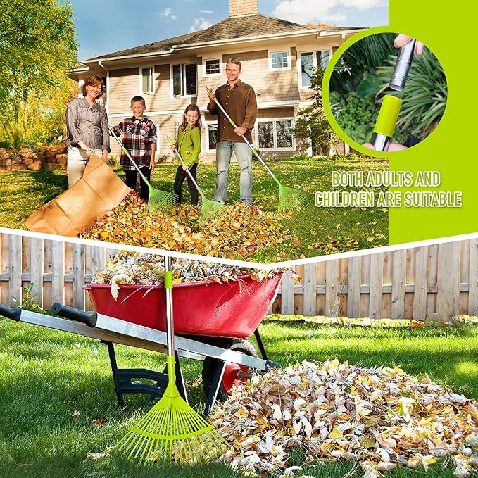 Leaf Rake Set, Garden Rakes for Leaves, 65inch Adjustable Long with 16" Wide Metal Tines, Lawn Rake with Two Lightweight Leaf Scoop-Gardening Grabbers for Leaf Lawn Grass Removal