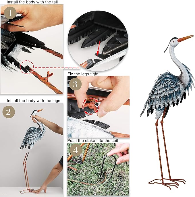 TERESA'S COLLECTIONS Garden Decor Blue Heron Sculptures & Statues Backyard Decor,24.5" Coastal Metal Cranes Decoy for Outdoor Decoration Outside Yard Art Patio Pond Pool Lawn,Housewarming Gift for Mom