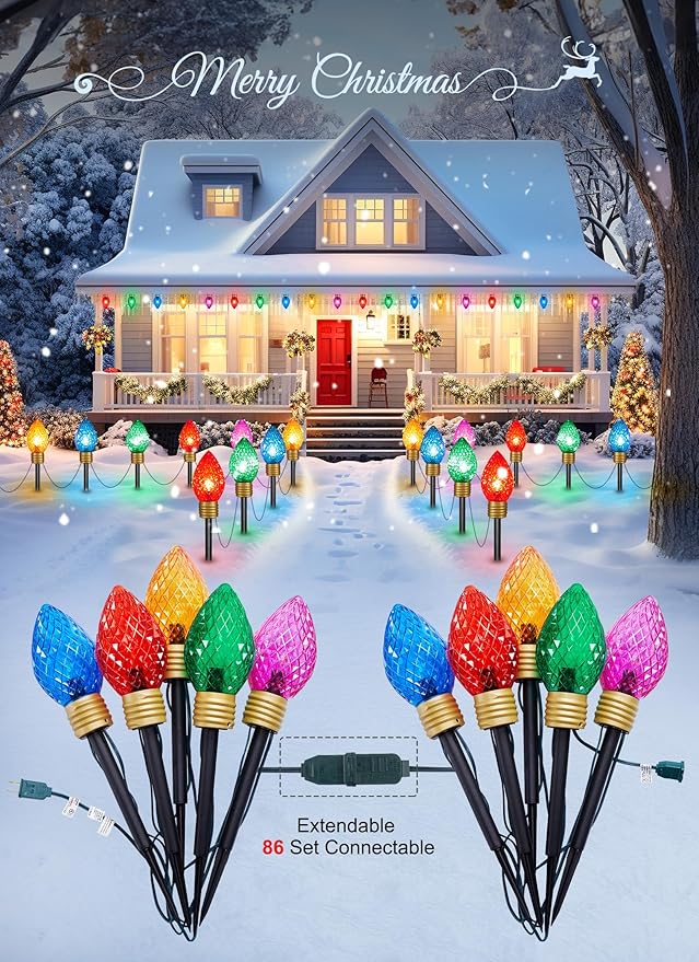 Strawberry Jumbo C9 Christmas Pathway Lights Outdoor - 2 Pack Total 17 Feet 10 LED C9 Christmas Lights, Jumbo Bulb Outdoor Decorations for Yard Lawn Holiday Outside