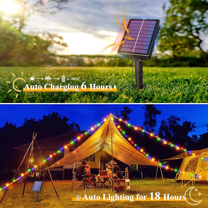 Ollny Solar String Lights Outdoor, 66FT 200LED Solar Fairy Lights with 8 Modes, IP67 Waterproof for Outside Yard Garden Patio Camping Party, Multicolor