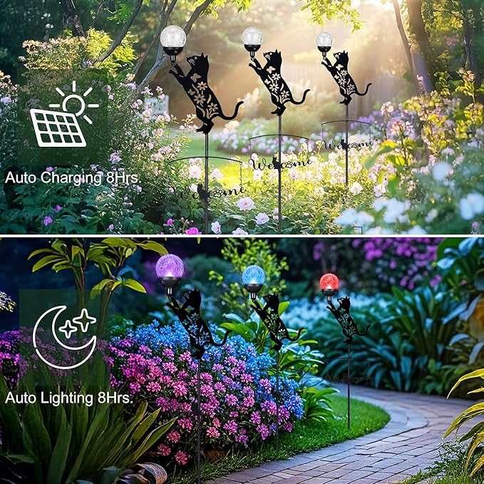 40’’ Metal Black Cat Silhouette Solar Garden Statue Outdoor with Color Changing Crackle Glass Ball Light Decorative Welcome Home Yard Sign Stakes