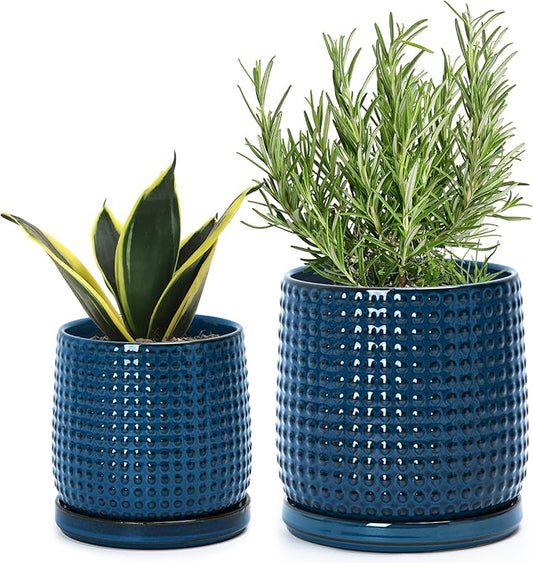D'vine Dev 6 Inch 4 Inch Ceramic Indoor Planter Pots with Drainage Hole and Saucer, Beaded Design Flower Pots, Set of 2, Blue, 27-D-U-3
