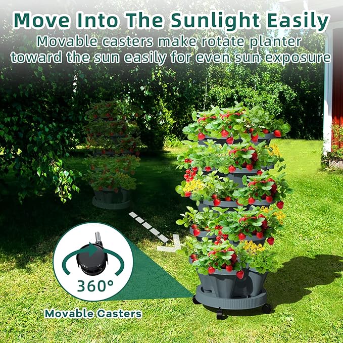 Strawberry Vertical Planters Tower Garden, 5 Tiered Stacking Planter with Support Pole, Stackable Herb Vegetable Planters Indoor and Outdoor - Dark Grey