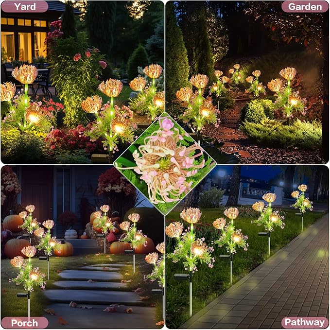 Solar Garden Lights Outdoor, 4 Pack Solar Flowers Lights,12 Head Waterproof Flower with Glowing Stems, Outdoor Solar Light for Yard, Pathway, Garden Decor & Gardening Gift