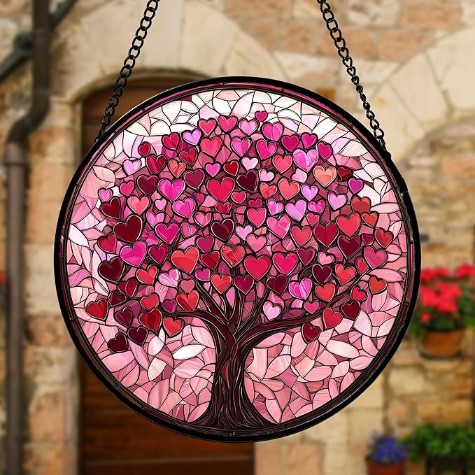 Stained Glass Window Hanging, Pink Love Tree of Life Sun Catchers Colorful Glass Panel Suncatcher Decor for Birthday for Women, Men, Wife, Lovers, and Mom 7.8 in