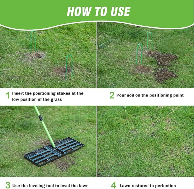 Lawn Leveling Rake 30x10 inch,Stainless Steel Lawn Leveler with Green Positioning Stakes,6.3FT Adjustable Long Handle,Heavy Duty Level Lawn Tool for Backyard, Garden, Golf Course, Farm, Pasture