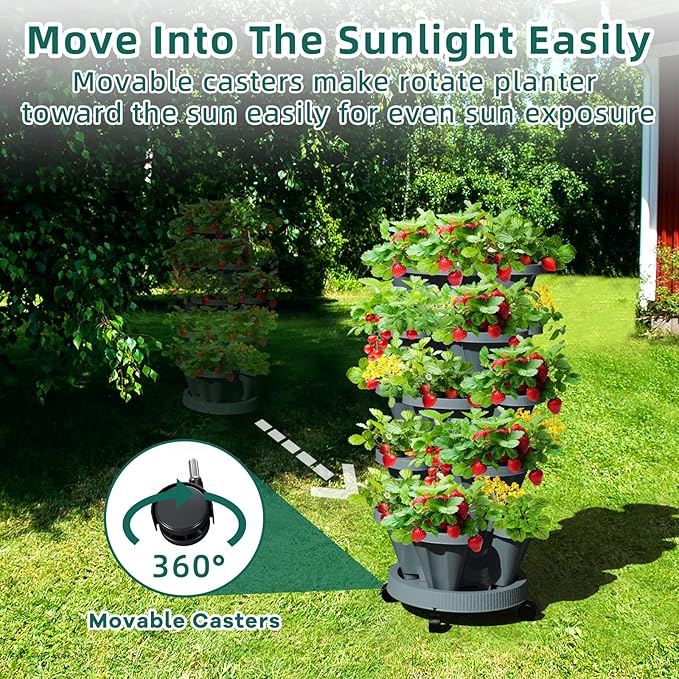 Strawberry Vertical Planters Tower Garden 3 Pack, 7 Tiered Stacking Herb Vegetable Planter with Support Pole Indoor and Outdoor - Dark Grey