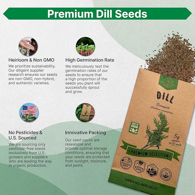 Dill Bouquet Seeds Pack 5 G - Over 1,400 Non-GMO Heirloom Dill Seeds for Planting Herbs in Individual Seed Packet, Herbs Seeds for Planting Home Garden Indoor & Outdoor Gardening