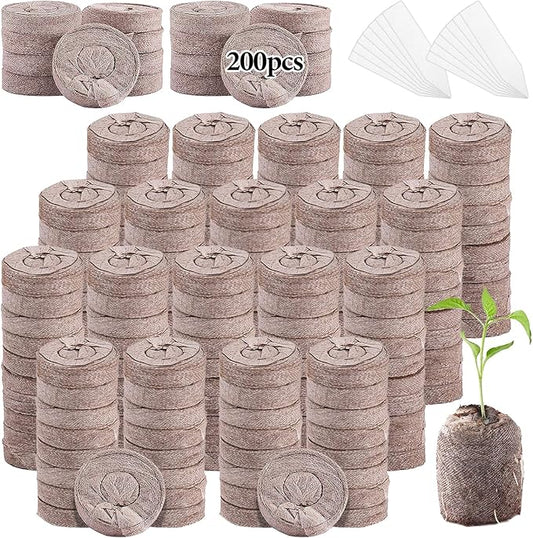 200 Pcs Peat Pellets for Seedling - 30mm Seeds Plant Starter Plugs, Compressed Fiber Garden Soil Block with 200 Labels, Plant Pods Bulk for Transplanting Herbs Flowers Vegetables