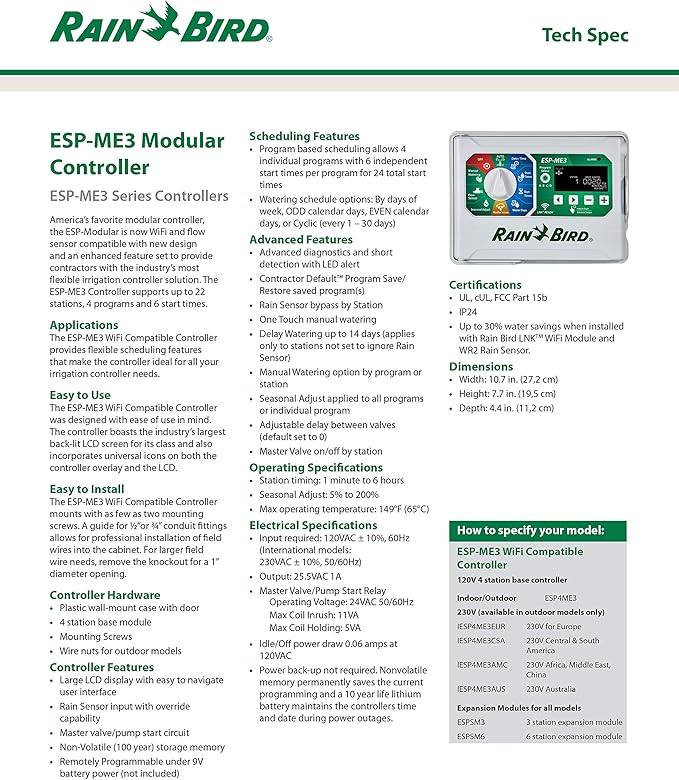 Rain-Bird Controller Indoor Outdoor Lawn Irrigation Sprinkler Timer ESPME3 (Controller Only)