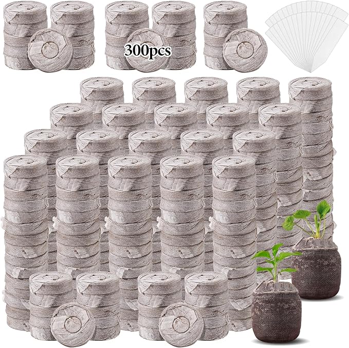 300 Pcs Peat Pellets for Seedling - 30mm Seeds Plant Starter Plugs, Compressed Fiber Garden Soil Block with 300 Labels, Plant Pods Bulk for Transplanting Herbs Flowers Vegetables