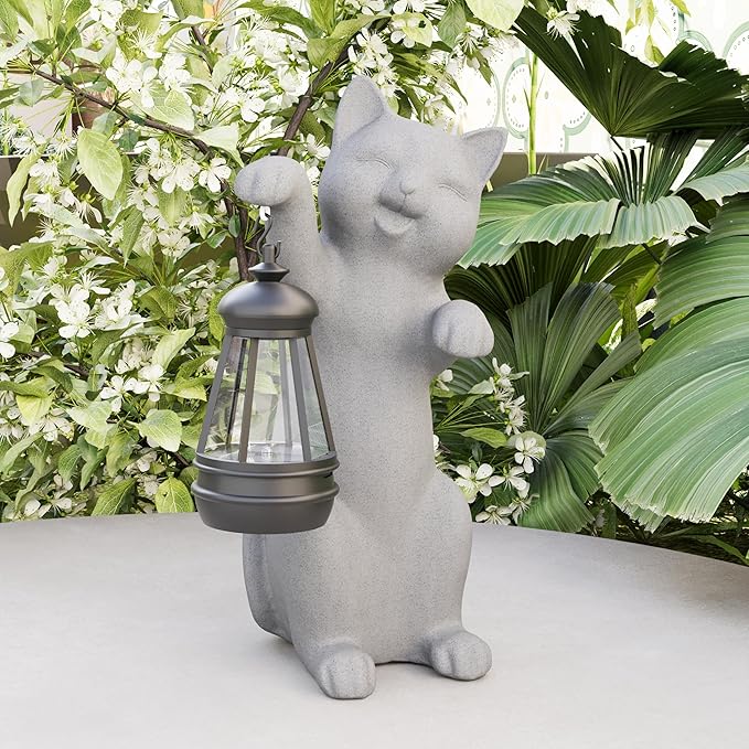 Solar Powered Garden Resin Statue Lights, 10 Inch Waterproof Outdoor Animal Cute Cat Figurine Lights, Suitable for Patios, Balconies, Lawns, Courtyards, Etc.(Hand)