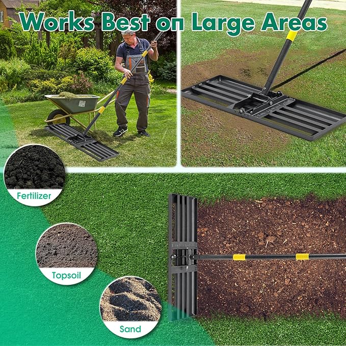 Lawn Leveling Rake, Foldable 26.7"x10" Level Lawn Tool with Curved Edge, 7FT Heavy Duty Lawn Level Tool, Long Handle Lawn Leveler for Yard Garden Golf Course, Soil Sand Dirt Spreading Leveling Rake
